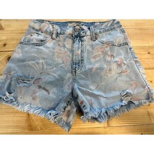 Rewash Floral Print Denim Shorts Distressed Frayed Hem Size 1‎